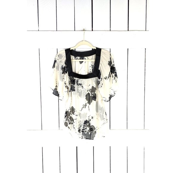 90s vintage ivory black sheer floral beaded flutter sleeve billowy blouse - Picture 1 of 5